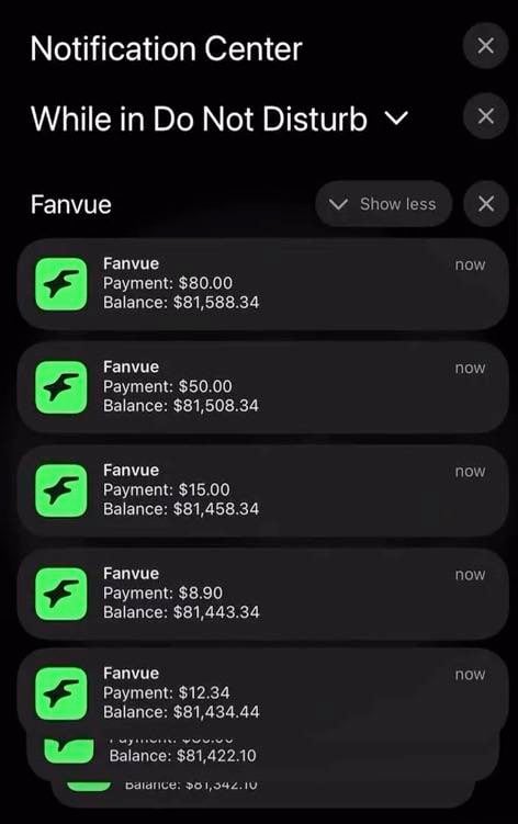 Fanvue payment notifications — $81,000+ balance